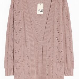 SO “Cloud Yarn” Pointelle Knit Open Front Cardigan, Dusty Lilac, Large, NWT